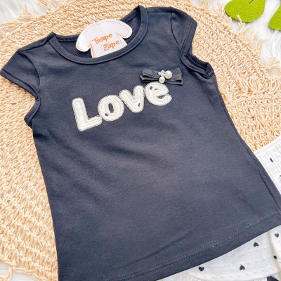 Conj. Blusa Manga Curta Love e Short Saia Corações - Preto 